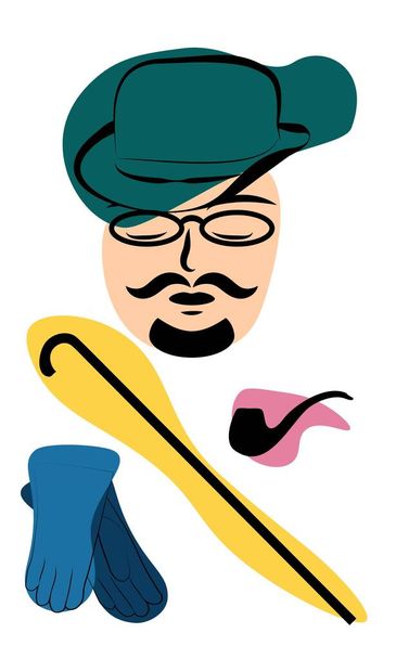 Gentleman v klobouku s holí, brýlemi, trubicemi a rukavicemi, barevný - Vektor, obrázek