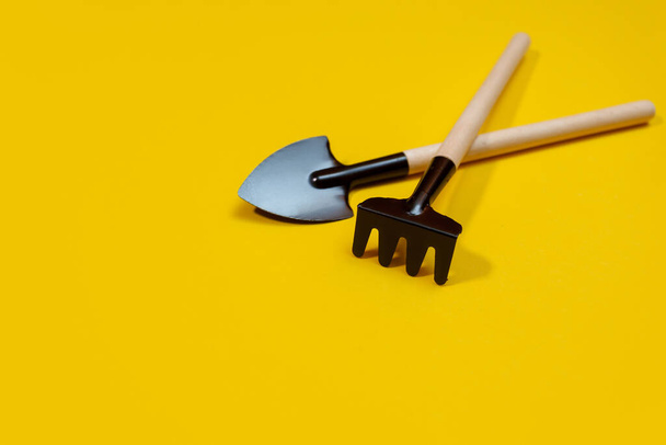 Gardening tools on yellow background - Fotografie, Obrázek