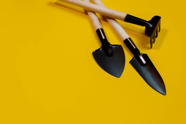Gardening tools on yellow background - Photo, Image