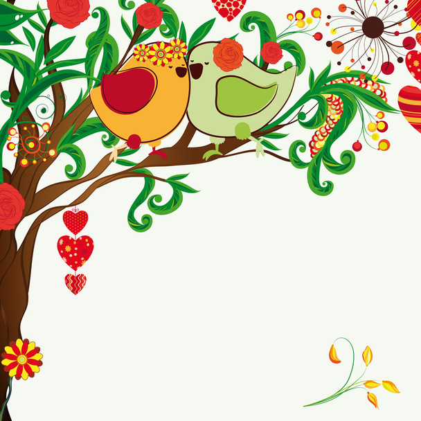 Floral spring background. Couple of birdies on the bloosom fantastic tree. - Vector, Image