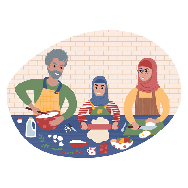 Les grands-parents cuisinent avec leurs petits-enfants. Illustration style plat. - Vecteur, image