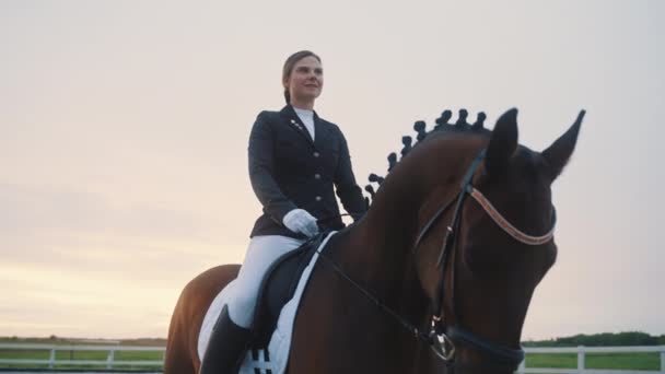 Competitieve jockey paardrijden op haar kastanje paard - Klaar voor de wedstrijd - Video