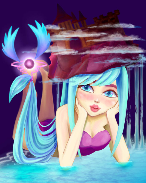 Fantasy illustration. Girl with long blue hair and castle. Digital illustration.  - Photo, Image