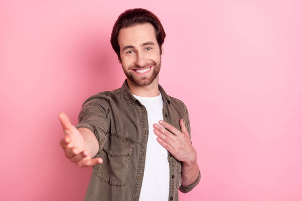 Photo of young man happy positive smile hand on chest sincere ask promise gentleman isolated over pastel color background - Foto, afbeelding