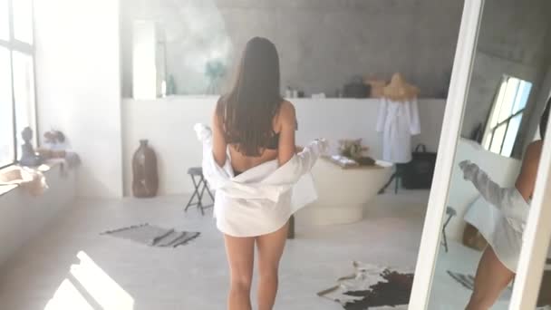 Woman In Bathroom. Fashion portrait model in bath. - Footage, Video