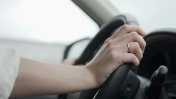 Naisten kädet takana nahka ohjauspyörän auton - Materiaali, video