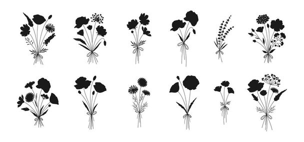 Wildflower bouquets set, hand drawn floral silhouettes. Poppy, chamomile, cosmea, lavender, and other botanical herbs and flowers for design projects. Vector illustration. - Vektör, Görsel
