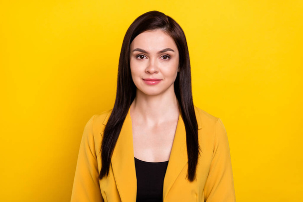 Photo of sweet charming young woman wear formal jacket smiling isolated yellow color background - Zdjęcie, obraz