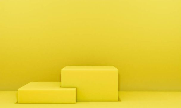 Scena con il podio di colore giallo per la presentazione del modello in stile minimalismo con spazio di copia, disegno di sfondo astratto rendering 3d - Foto, immagini