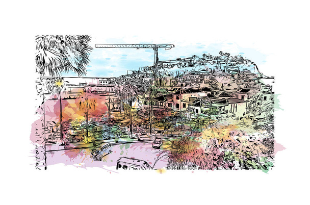 Print Building view with landmark of Funchal is the capital city of Portugal. Watercolor splash with hand drawn sketch illustration in vector. - Vector, Image