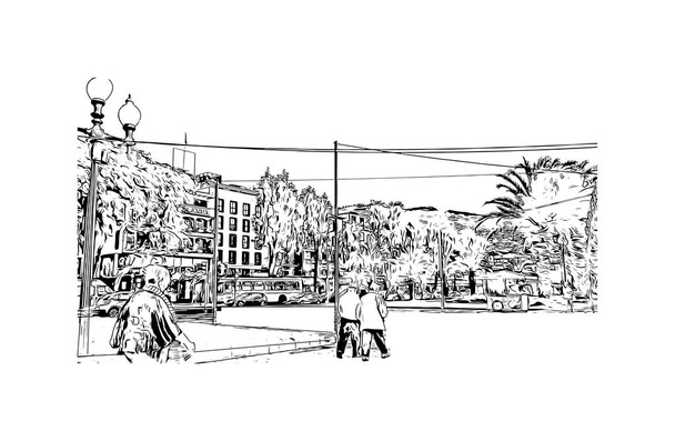 Print Building view with landmark of Funchal Portugália fővárosa. Kézzel rajzolt vázlat illusztráció vektorban. - Vektor, kép