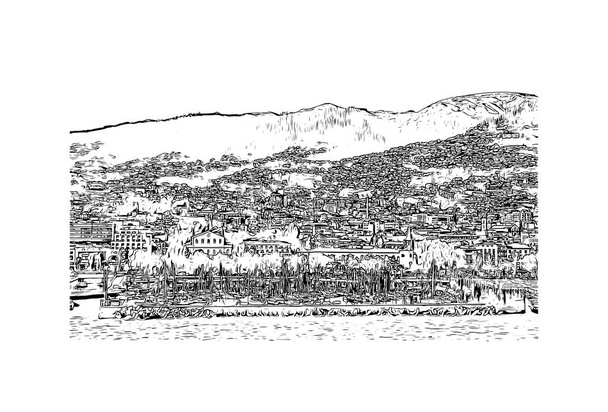 Imprimir Vista para o edifício com referência do Funchal é a capital de Portugal. Desenho desenhado à mão ilustração em vetor. - Vetor, Imagem