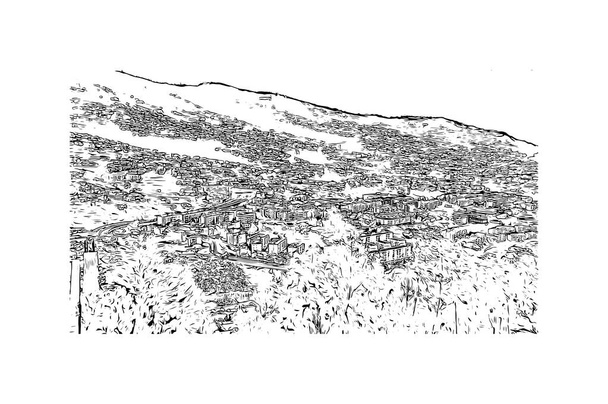 Imprimir Vista para o edifício com referência do Funchal é a capital de Portugal. Desenho desenhado à mão ilustração em vetor. - Vetor, Imagem