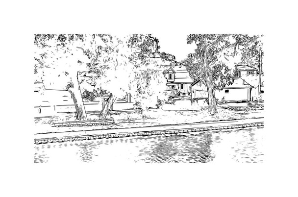 Afdrukken Gebouw met landmark van Grand Island is een stad in het centrum van Nebraska. Handgetekende schets illustratie in vector. - Vector, afbeelding