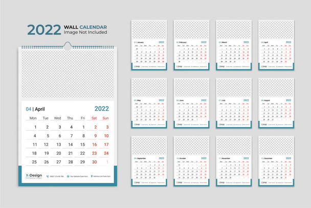 Calendario de pared 2022. Planificador anual con todos los meses. Horario escolar y de empresa. - Vector, imagen