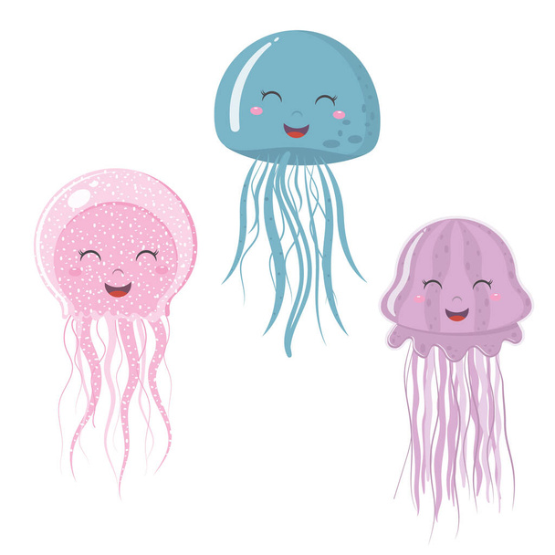 Lindos personajes de medusas aisladas, ilustración de vectores de color en estilo emoji de dibujos animados. - Vector, Imagen