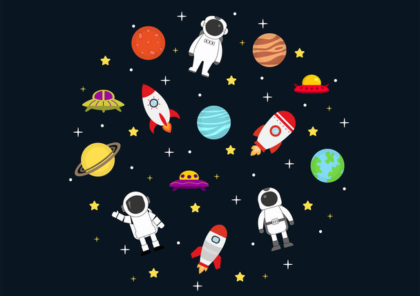 Астронавти з зображенням на задньому плані досліджують космос і бачать зірки, місяць, планети, уфо або астероїди. - Вектор, зображення