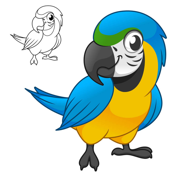 Niedliche glückliche blaue und goldene Macau-Papageien mit Linienzeichnung, tierischen Vögeln, Vektorcharakter-Illustration, Cartoon-Maskottchen-Logo auf isoliertem weißem Hintergrund. - Vektor, Bild