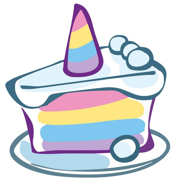 Καρτούν μονόκερο ένα κομμάτι κέικ σε ένα πιάτο. Σφουγγάρι Rainbow με διακοσμητική. - Διάνυσμα, εικόνα