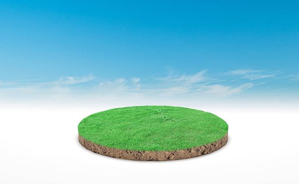 3d renderelés, kör dobogója a föld rét. Talajtalajon keresztmetszet zöld fű felett kék ég háttér. - Fotó, kép