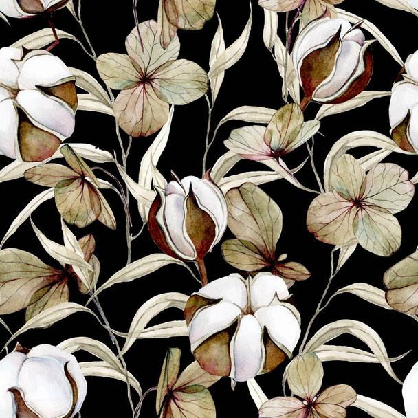 naadloos aquarelpatroon met droge bladeren, takken en bloemen. gedroogde bloemen, katoenen bloemen en hortensia op een donkere achtergrond. bedrukking voor stof, behang. - Foto, afbeelding