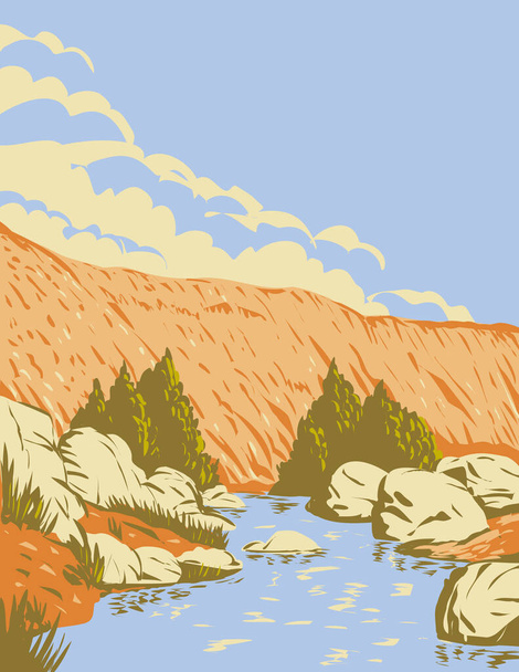 WPA-Plakatkunst des Badger Springs Canyon und des Agua Fria River im Agua Fria National Monument in Arizona Vereinigte Staaten im Stil der Projektverwaltung oder des Kunstprojekts auf Bundesebene. - Vektor, Bild