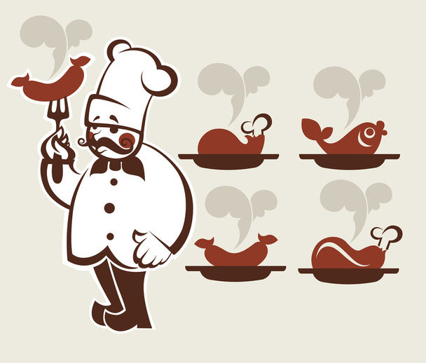 Cooking symbols, food and chef silhouette - Vector, Image