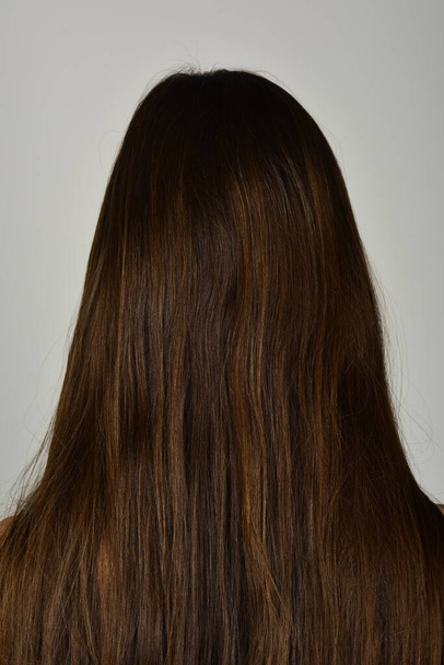 Back view of a woman with long straight black hair. Long hair texture background close up. - Foto, immagini