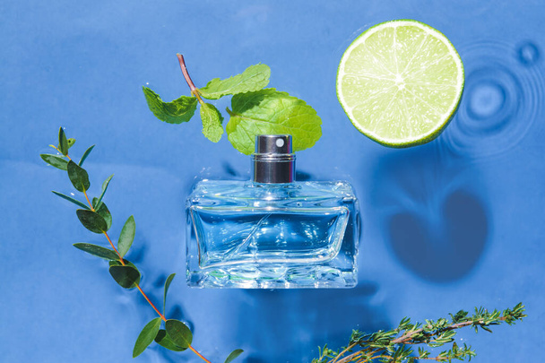 Bottle of perfume, lime, mint and green branches in water on color background, closeup - Foto, Imagen