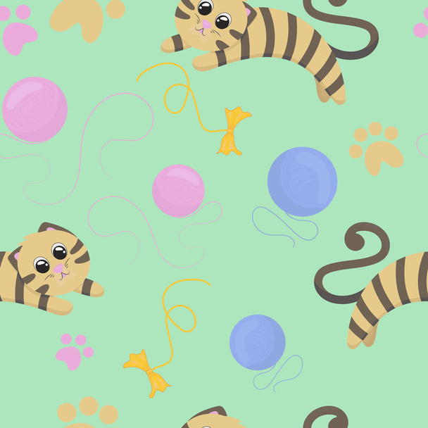 chatons mignons jouant avec une boule de fil et sautant sur un fond vert, illustration vectorielle dans un style plat, motif sans couture - Vecteur, image
