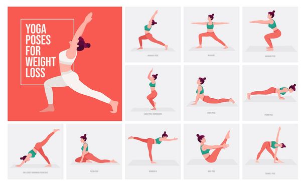 Yoga poses For Weight loss. Young woman practicing Yoga pose. Woman workout fitness, aerobic and exercises. - Vector, Image