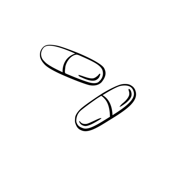Simple contour doodle medicine pills, tablet, capsule isolated on white background. Vector EPS10 illustration. Health and care. Design for clinics, hospitals, pharmacies, medical poster. - Vector, Image