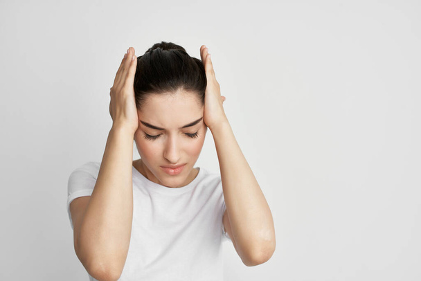 woman with headache holding face migraine emotions depression - Fotografie, Obrázek