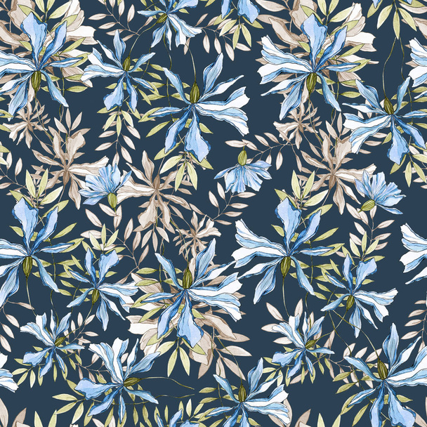 akvarel ilustrace hladký vzor světle modré květy s modrými listy na tmavomodrém pozadí, pro tkaniny, tapety nebo nábytek - Fotografie, Obrázek