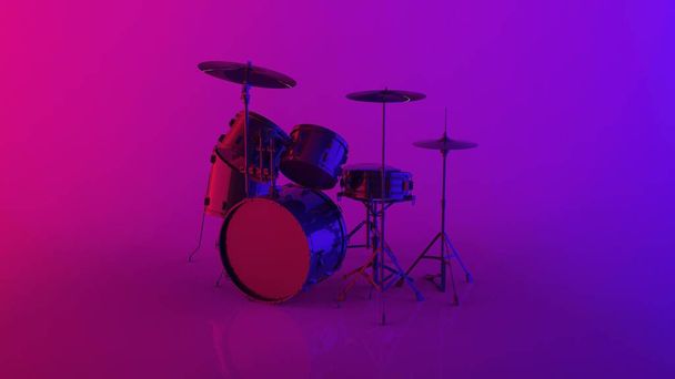 Комплект барабанной установки изометрический вид изолирован в фиолетовой комнате и освещается неоновым световым оборудованием в киберпанковом стиле, освещенном неоновым светом и отраженным на глянцевом полу 3D рендеринга изображения - Фото, изображение