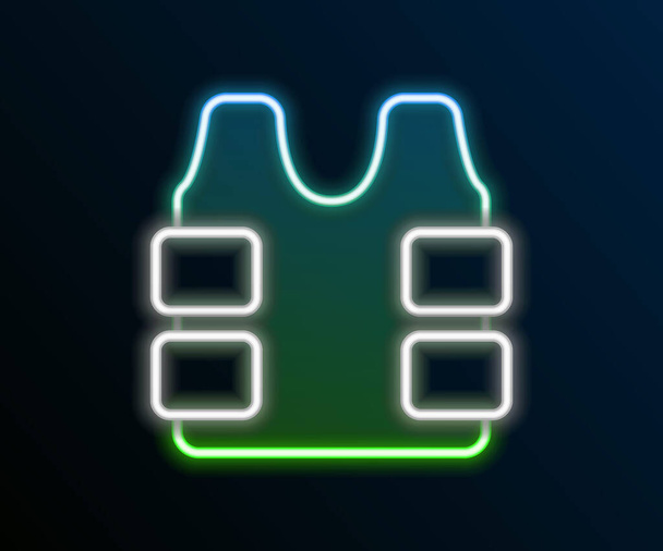 Leuchtende Neon Line Kugelsichere Weste zum Schutz vor Kugeln Symbol isoliert auf schwarzem Hintergrund. Körperpanzerzeichen. Militärkleidung. Buntes Rahmenkonzept. Vektor - Vektor, Bild