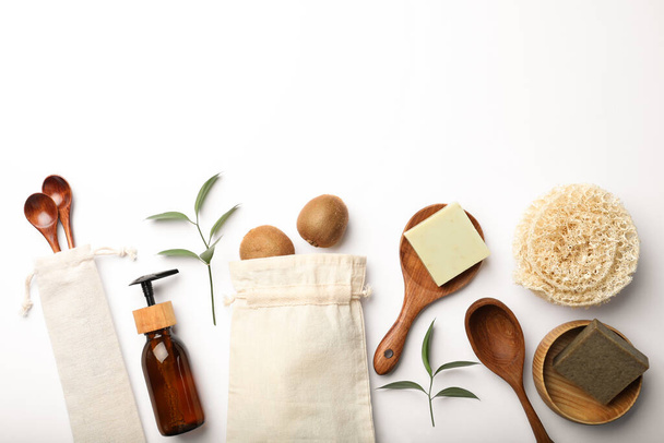 Flat lay composition with eco friendly products on white background, space for text - Fotoğraf, Görsel