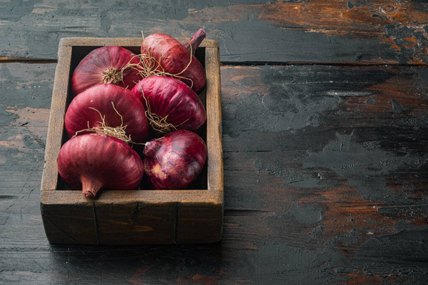 Purple Onion, on old dark  wooden table background  with copy space for text - Zdjęcie, obraz