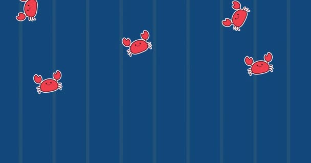 Animation of multiple red crabs falling on striped background. animal and nature concept digitally generated video. - Metraje, vídeo