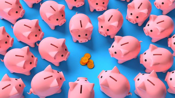 Veel roze spaarvarken banken rond een stapel geld munten op een blauwe achtergrond. Winstdeling. Besparing van inkomsten. Bovenaanzicht. 3d renderen - Foto, afbeelding