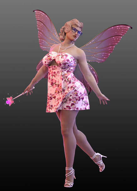 Fantasía o cuento de hadas BBW hada madrina en vestido corto de color rosa con varita mágica - Foto, imagen