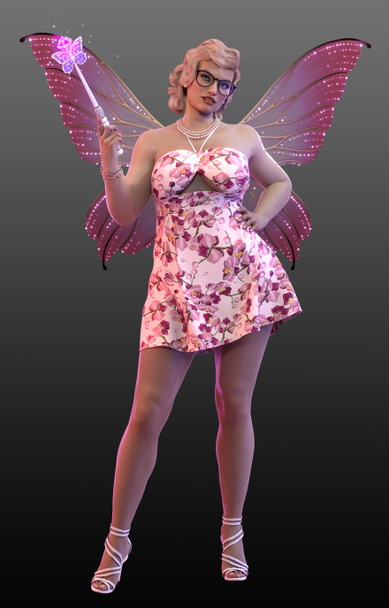 ファンタジーまたはおとぎ話のBBW魔法の杖で短いピンクのドレスの妖精の女神 - 写真・画像