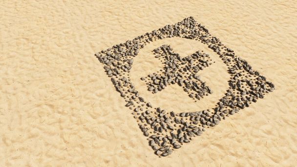 ビーチの砂の手作りのシンボル形状、黄金の砂の背景にコンセプトの石、クロスサイン。医療支援、救急医師、薬局や病院のための3Dイラスト比喩 - 写真・画像