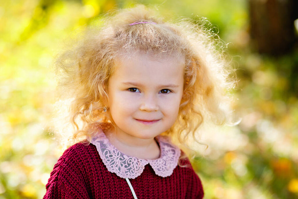 秋には日当たりの良い公園でバーガンディセーターの小さなブロンドの女の子の大きな肖像画。子供は笑顔でカメラを見て. - 写真・画像