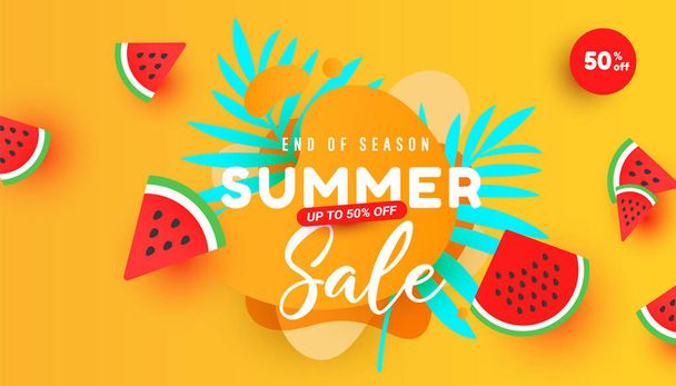 Creative Summer sale banner in trendy style with tropical leaves and bright yellow minimal background. Flying ripe watermelon slices in the air. - Vector, Image