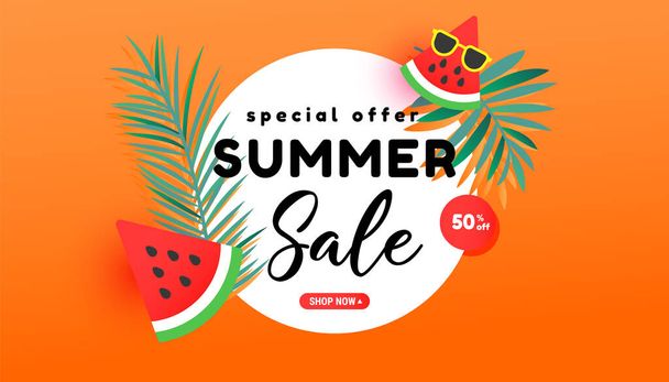 Summer sale banner in trendy style with tropical leaves and flying ripe watermelon slices in the air on bright orange background - Vector, Imagen