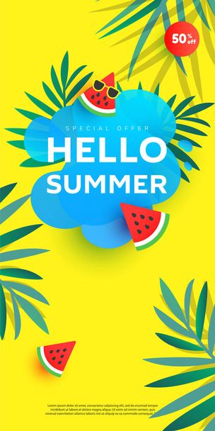 Vertical summer sale horizontal banner in trendy bright colors with tropical leaves and bubble forms, watermelon discount text. Season promotion illustration. - Vector, Image