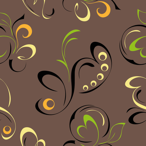 seamless pattern with abstract ornate pattern with vignettes and curls in colored lines on brown background - Vector, afbeelding