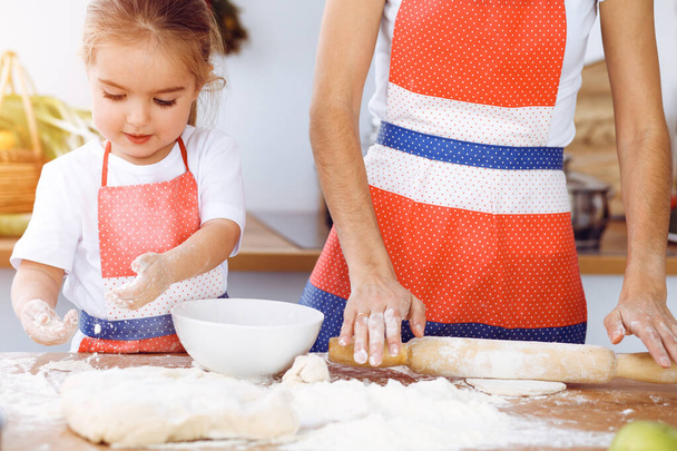 Happy woman and her daughter are kneading the dough and baking cookies for a delicious family feasting in sunny kitchen. Christmas, New year, Thanksgiving, Anniversary, Mothers Day. Healthy meal cooking concept. - Photo, image