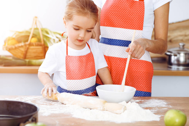 Happy woman and her daughter are kneading the dough and baking cookies for a delicious family feasting in sunny kitchen. Christmas, New year, Thanksgiving, Anniversary, Mothers Day. Healthy meal cooking concept. - Photo, image